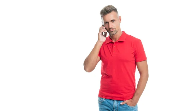 Man Red Tshirt Speak Smartphone Isolated White Background — Stock Fotó