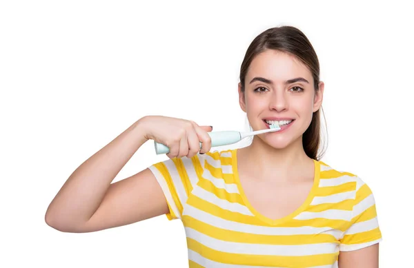 Smiling Young Girl Toothbrush Isolated White Background — Stok fotoğraf