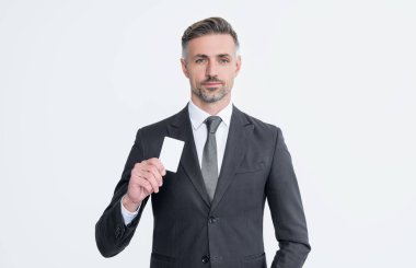 businessman in suit hold business card isolated on white background.