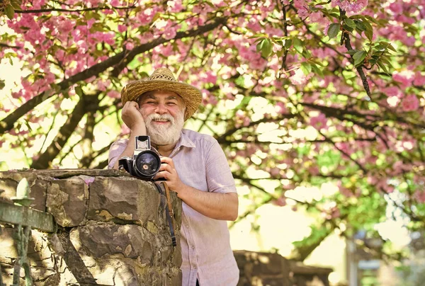 사진사는 벚꽃을 즐긴다 파크를 여행하고 있습니다 취미는 사쿠라 플라워 아래를 — 스톡 사진