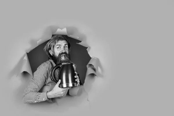 Caucasian Hipster Beard Stylish Hair Electric Kettle Tea — Stock Photo, Image