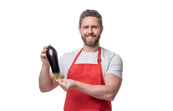 Happy Man Apron Eggplant Vegetable Isolated White — 스톡 사진