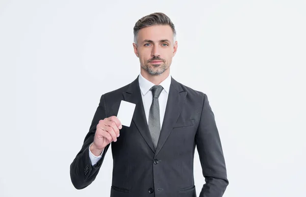 Businessman Suit Hold Business Card Isolated White Background — стоковое фото