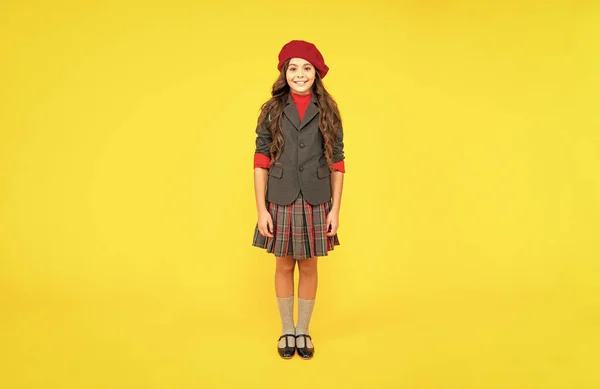 Happy Teen Girl Uniform Beret Yellow Background Fashion — Stock Photo, Image