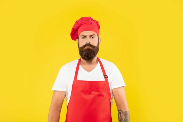 Serious Man Red Toque Apron Yellow Background Cook — Stockfoto