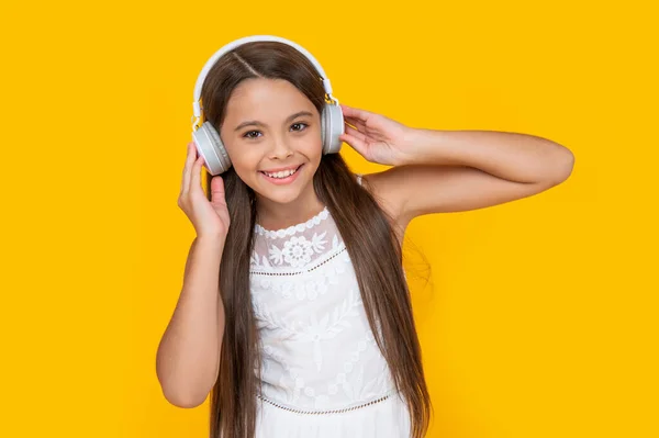 Happy Teen Girl Listening Music Headphones Yellow Background — Foto de Stock