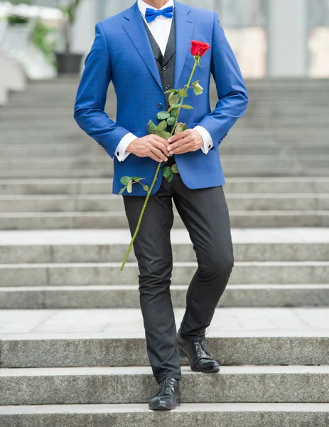 cropped view of man bridegroom in tuxedo. bridegroom wearing tuxedo bowtie outdoor. bridegroom with red rose.