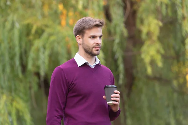 Young Handsome Guy Drinking Morning Coffee Outdoor — 스톡 사진