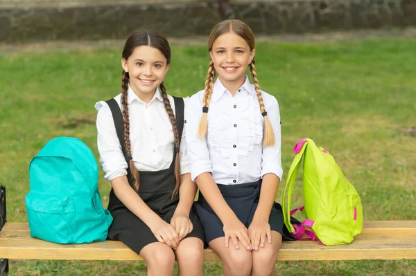 Back School Two Positive Teen Children School Outdoor Friendship School — Fotografia de Stock