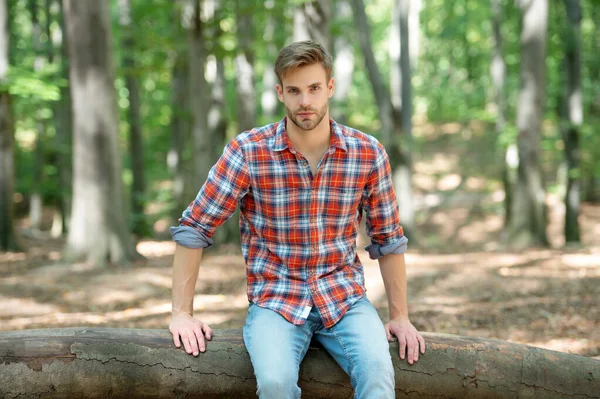 Young Handsome Guy Checkered Shirt Sit Outdoor — Stockfoto