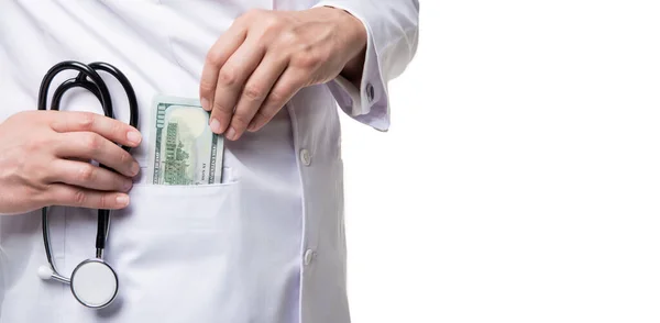 Грошові Купюри Кишені Білого Пальта Стетоскоп Гроші Доктори Отримують Заробіток — стокове фото