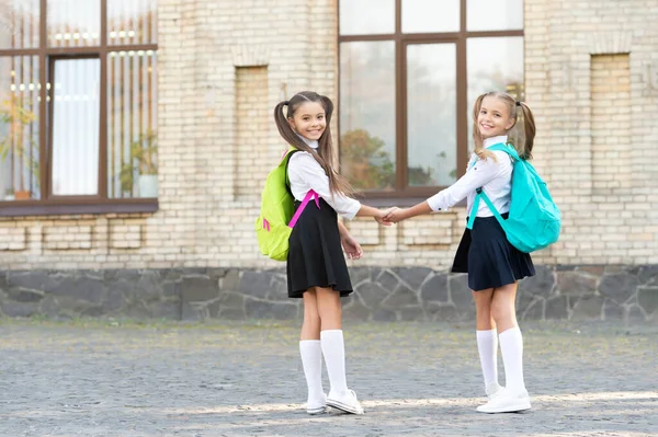 Two School Pupils Best Friends Together Outdoor — 스톡 사진