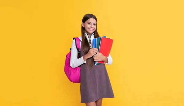 Happy Child School Backpack Workbook Yellow Background — стоковое фото
