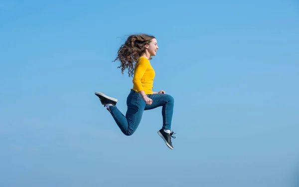 Happy Teen Girl Jump High Sky Background Vitality — Stock Fotó