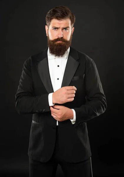 Bearded Bridegroom Tuxedo Black Background Formalwear — Fotografia de Stock