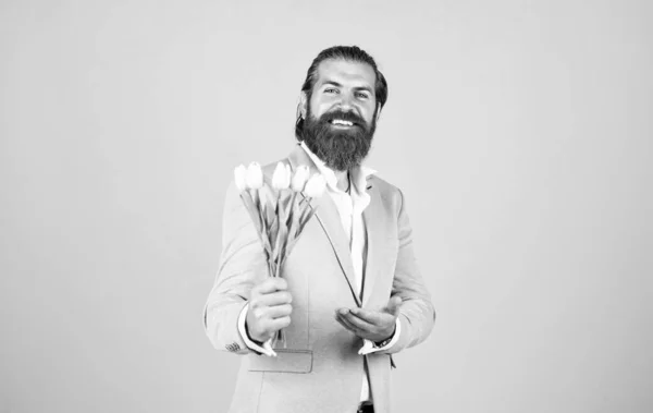 Cavalheiro Segurar Buquê Flores Conceito Loja Flores Homem Com Barba — Fotografia de Stock