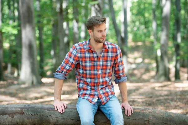Young Handsome Man Checkered Shirt Sitting Outdoor — 图库照片