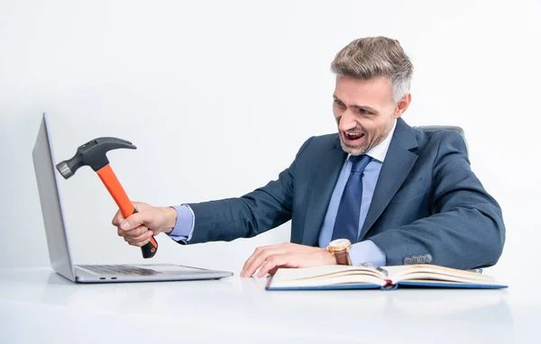 Aggressive Boss Hitting Laptop Hammer Office — Stok fotoğraf