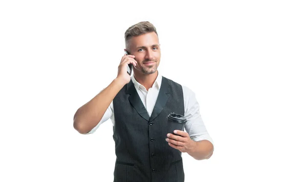 Happy Professional Man Talking Mobile Phone Tea Break Isolated White — Φωτογραφία Αρχείου