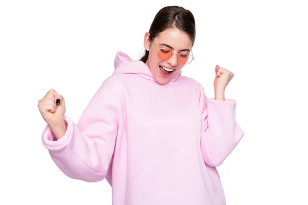Ecstatic Woman Winner Shouting Making Winning Gesture Casual Pink Hoodie — ストック写真