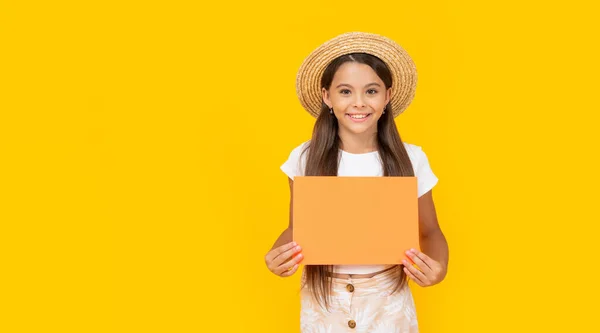 Glad Teen Girl Copy Space Orange Paper Yellow Background — Foto de Stock
