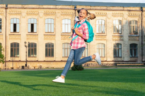 Happy Energetic Teen Girl Jumping School Yard Outdoors — Stockfoto