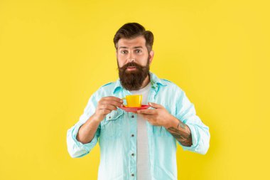 upset hipster with beard holding coffee cup on yellow background, barista.