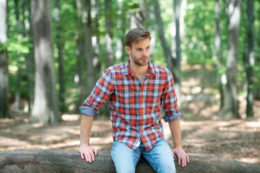 young handsome guy in checkered shirt sitting outdoor.