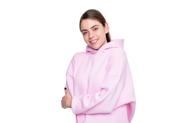 Cheerful Young Woman Pink Hoodie Isolated White Background — Stok fotoğraf