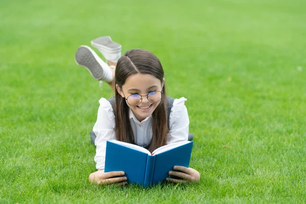 Reading Time Happy Teen Girl Reading Book Lying Grass School — Stok fotoğraf