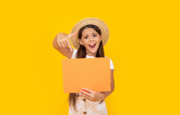 Shocked Teen Kid Copy Space Orange Paper Yellow Background Point — Fotografia de Stock