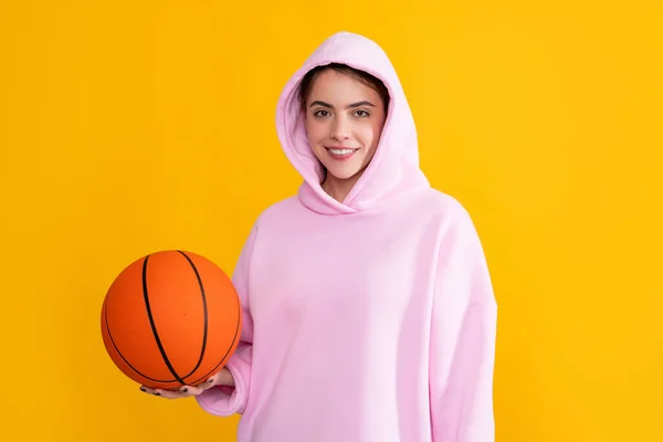 Happy Sporty Girl Basketball Ball Yellow Background — Foto Stock