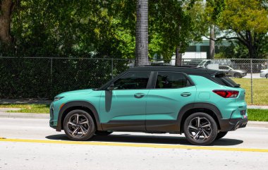 Miami Beach, Florida USA - April 15, 2021: blue chevrolet trailblazer RS crossover, side view.
