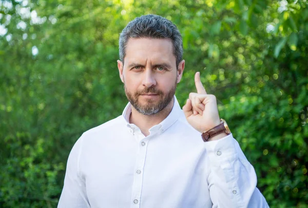 Handsome Professional Man Pointing Finger Natural Background — Stock Photo, Image