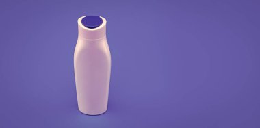 Mavi arka planda beyaz şampuan şişesi, tuvalet malzemeleri..