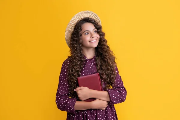 Cheerful Kid Frizz Hair Hold Book Yellow Background — Photo