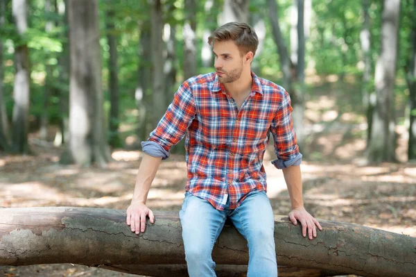 Young Handsome Guy Checkered Shirt Relax Outdoor — Foto de Stock