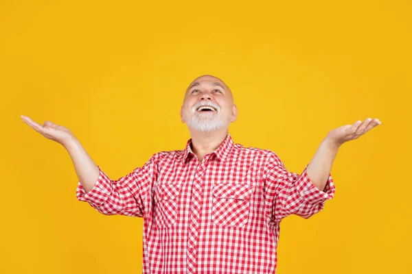 Positive Senior Man Grandfather Checkered Shirt Yellow Background — Foto Stock