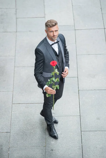 Elegant Man Tuxedo Man Wearing Bowtie Suit Outdoor Mature Tuxedo — Φωτογραφία Αρχείου