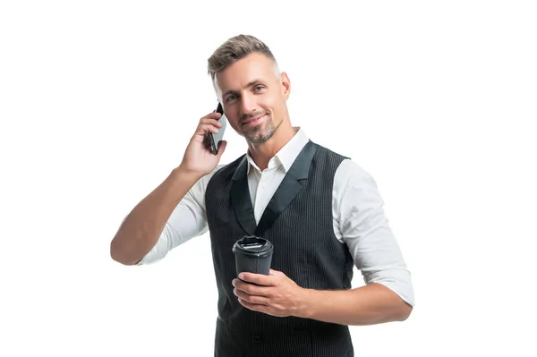 Happy Businessman Talking Mobile Phone Coffee Break Isolated White — Stok fotoğraf