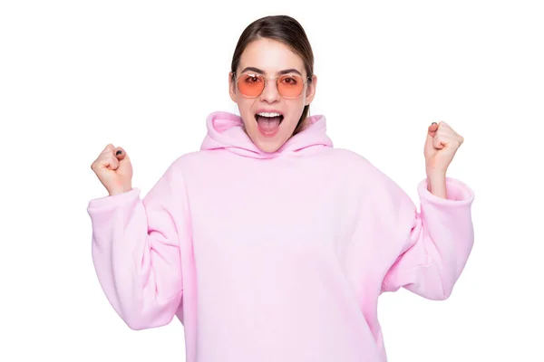 Excited Young Woman Shouting Making Winning Gesture Casual Pink Hoodie — ストック写真