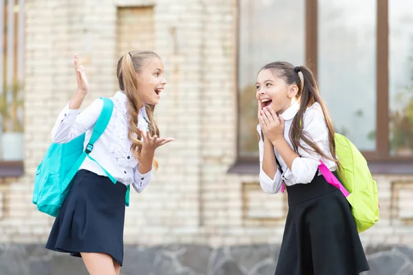 Two School Girls Friends Joking Together Outdoor — 图库照片