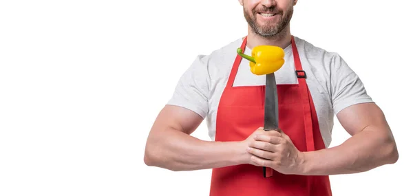 Cropped View Man Apron Sweet Pepper Vegetable Knife Isolated White — Fotografia de Stock