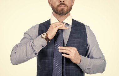 Kırpılmış iş adamı kravatı beyaz, moda aksesuarına izole edilmiş..