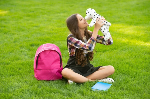 Happy Teen Girl Playing Dog Toy Sitting Grass School Education — 스톡 사진