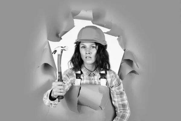 Byggherreassistent Reparera Och Fixa Kvinnlig Arbetare Uniform Glada Kvinna Bär — Stockfoto