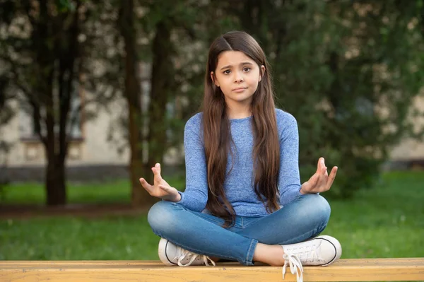 Meditating Keeping Mudra Gesture Upset Teen Girl Meditating Sitting Legs — Zdjęcie stockowe