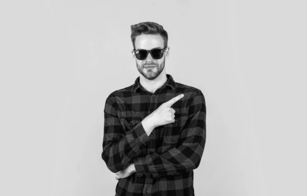 Pointing Finger Barbershop Concept Mens Wear Young Handsome Guy Checkered — Stock Photo, Image