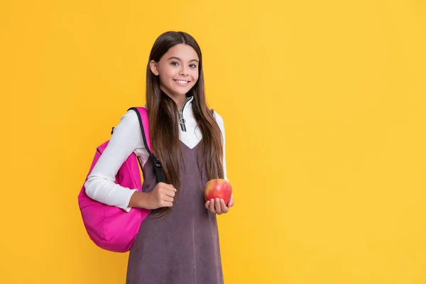 Smiling Kid School Backpack Apple Yellow Background — Stock fotografie