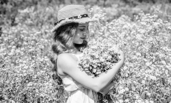 田舎じゃないか 小さな子供はカモミール畑で花を選ぶ 花屋だ お祝いだ 夏休みだ スパと美しさ 夏のスキンケアとヘアケア 天然ハーブ療法 — ストック写真